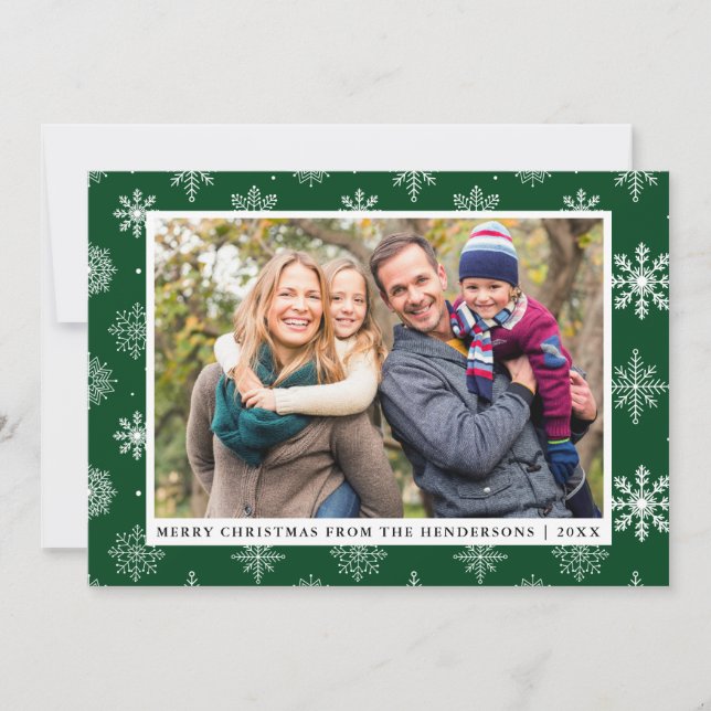 Merry Christmas Family Photo Snowflakes Card Green (Front)