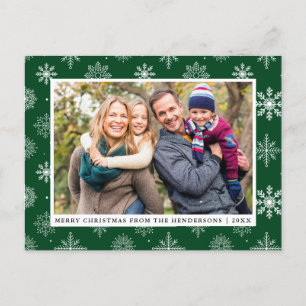 Merry Christmas Family Photo Snowflakes Green Holiday Postcard