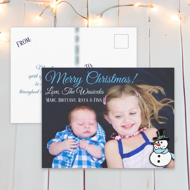 Merry Christmas  Family Photo Snowman Postcard (Creator Uploaded)