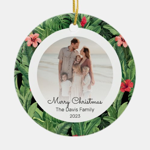 Merry Christmas Family Photo Tropical Flower Leaf  Ceramic Ornament