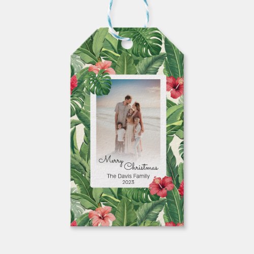 Merry Christmas Family Photo Tropical Flower Leaf  Gift Tags