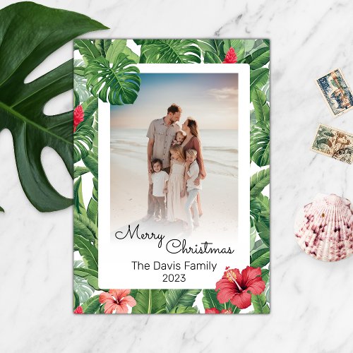 Merry Christmas Family Photo Tropical Flower Leaf  Holiday Card