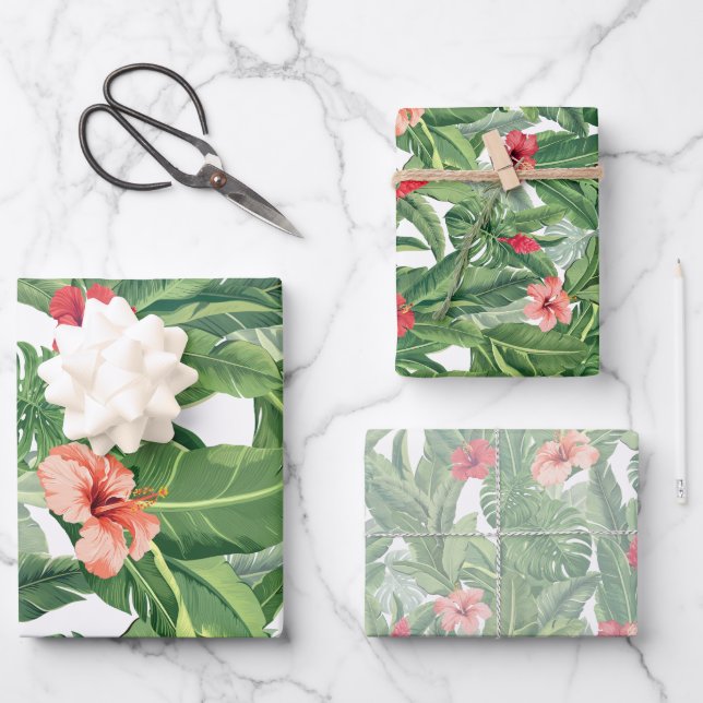 Merry Christmas Family Photo Tropical Flower Leaf  Wrapping Paper Sheets (Front)