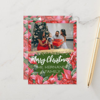 Merry Christmas Family Photo Watercolor Poinsettia Holiday Postcard