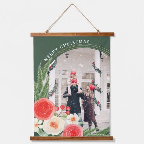 Merry Christmas Family Photo Winter Floral Hanging Tapestry