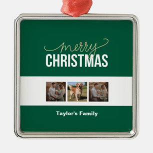 Merry Christmas Family Photo with 3 Pictures Metal Ornament