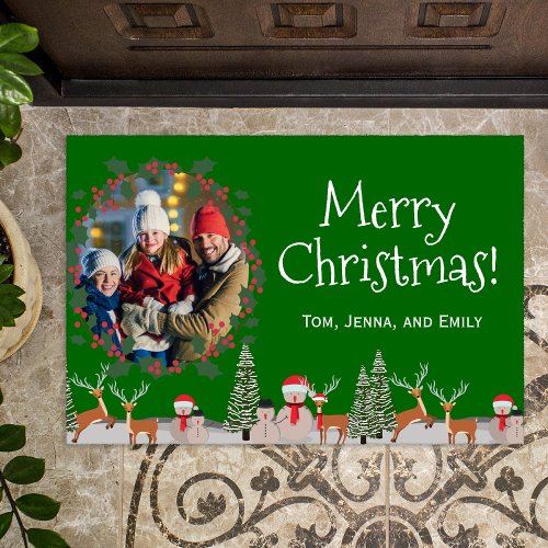 Merry Christmas Family Photo with Snowman Green Doormat
