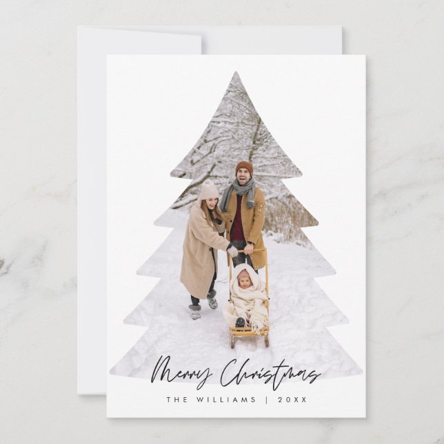Merry Christmas Family Photo, Xmas Tree Layover Holiday Card (Front)