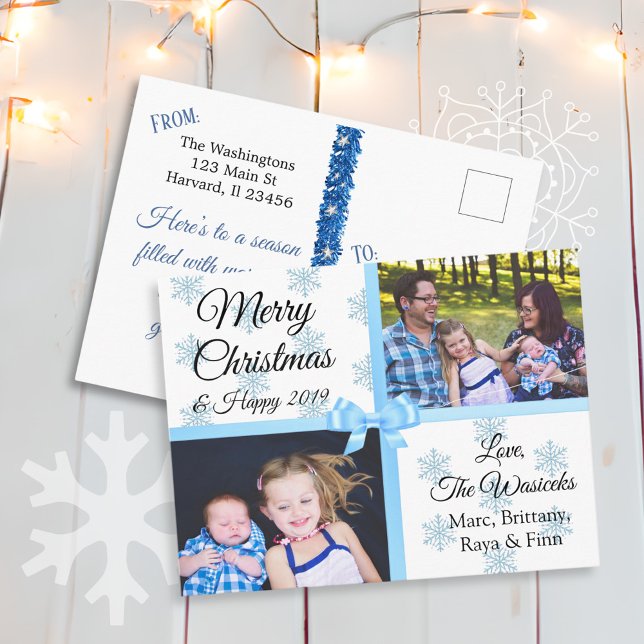Merry Christmas Family Photos Blue Snowflakes Holiday Postcard (Creator Uploaded)