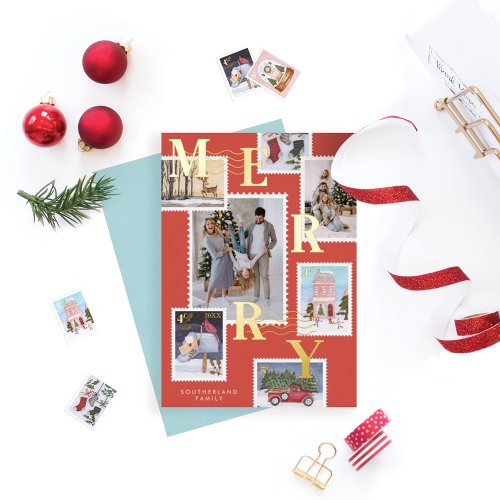 Merry Christmas Family Photos Postage Stamps Foil Holiday Card