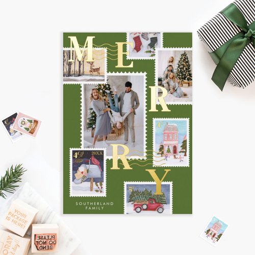Merry Christmas Family Photos Postage Stamps Foil Holiday Card