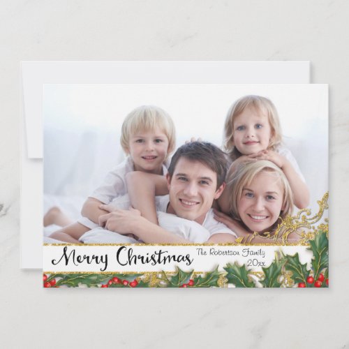 Merry Christmas Family Portrait Gold Glitter Photo Holiday Card