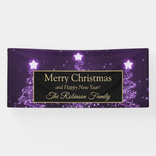Merry Christmas Family Purple Sparkling Trees Banner