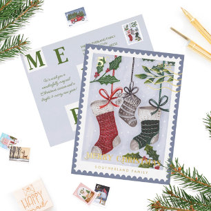Merry Christmas Family Stockings Postage Stamp Foil Holiday Postcard