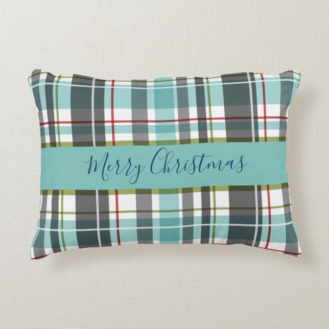 Merry Christmas Family Tartan Accent Pillow (Front)