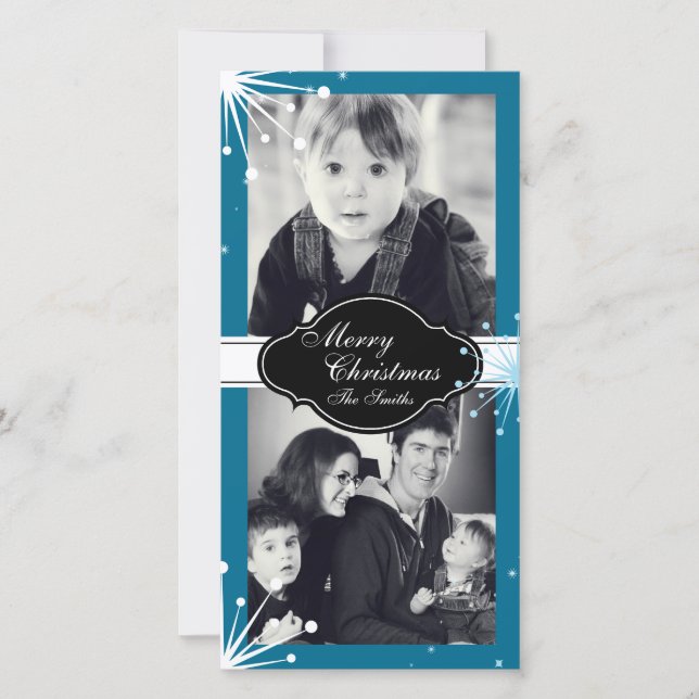 Merry Christmas Family Two Photo Card White Blue (Front)