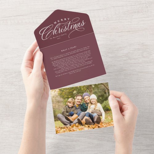 Merry Christmas family update maroon red trifold All In One Invitation