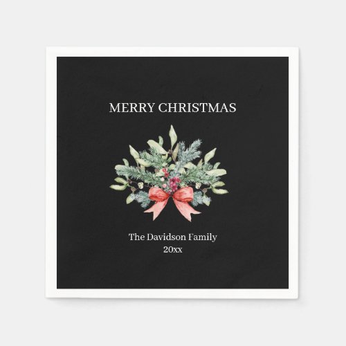 Merry Christmas Family Watercolor Greenery Black Napkins