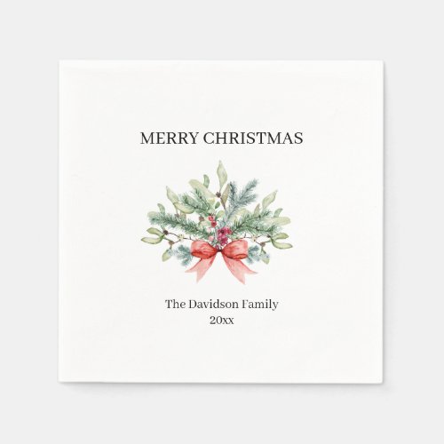 Merry Christmas Family Watercolor Greenery Napkins