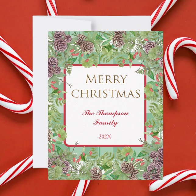 Merry Christmas Family Wishes Pine Bough Red Bloom Holiday Card (Creator Uploaded)