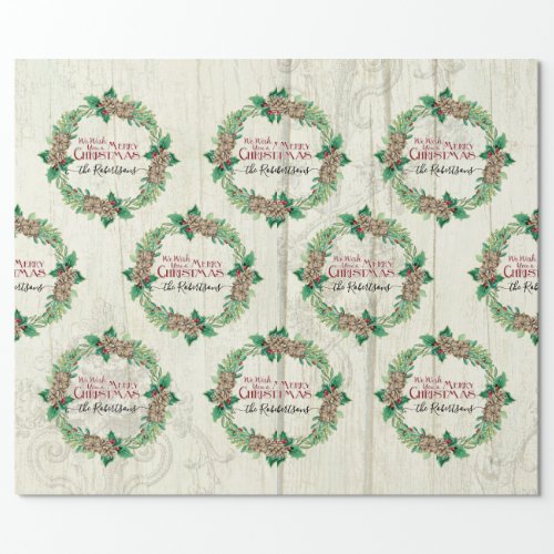 Merry Christmas Family Wreath Pine Cone Farmhouse  Wrapping Paper