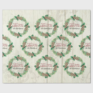 Merry Christmas Family Wreath Pine Cone Farmhouse Wrapping Paper