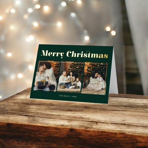 Merry Christmas Fancy Elegant Photo Green Foil Greeting Card