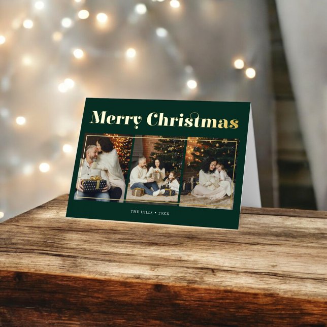 Merry Christmas Fancy Elegant Photo Green Foil Greeting Card (Creator Uploaded)