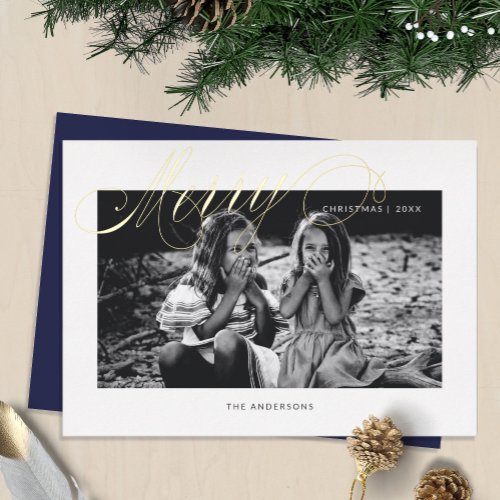 Merry Christmas Fancy Script Modern  Foil Holiday Card