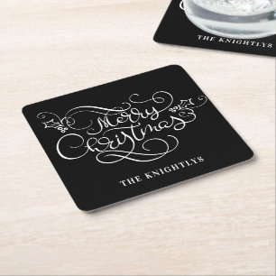 Merry Christmas Fancy Script Name Custom Square Paper Coaster