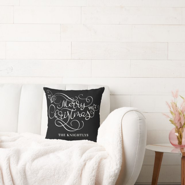 Merry Christmas Fancy Script Name Custom Throw Pillow (Couch)