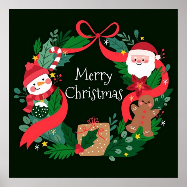 Merry  Christmas Fancy Weath, Santa and snowman Poster (Front)