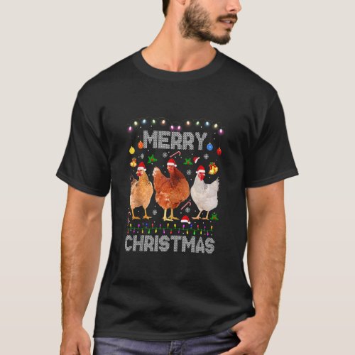 Merry Christmas Farmer Chickens Light Reindeer San T_Shirt