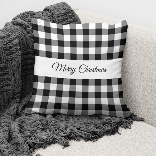 Merry Christmas Farmhouse Black Checks Pattern Throw Pillow