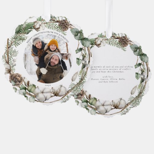 Merry Christmas Farmhouse Greenery Photo Wreath Ornament Card