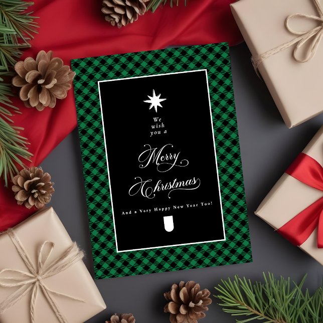 Merry Christmas Farmhouse Plaid Chalkboard Photo Holiday Card (Creator Uploaded)