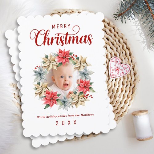 Merry Christmas Farmhouse Poinsettia Wreath Photo Holiday Card
