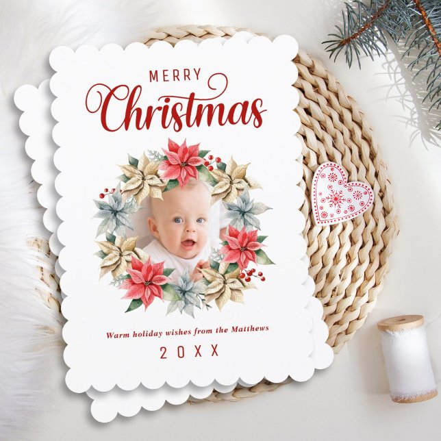 Merry Christmas Farmhouse Poinsettia Wreath Photo Holiday Card (Creator Uploaded)