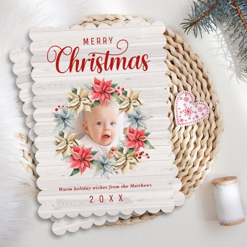Merry Christmas Farmhouse Poinsettia Wreath Photo Holiday Card