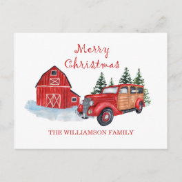 Merry Christmas Farmhouse Red Truck Family Name Postcard