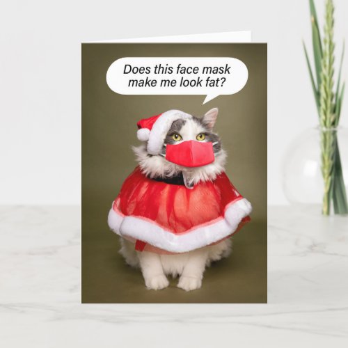 Merry Christmas Fat Cat in Santa Hat and Face Mask Holiday Card