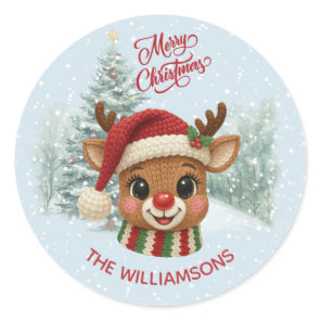 Merry Christmas Faux Crochet Reindeer Snow Classic Round Sticker