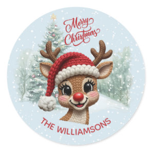 Merry Christmas Faux Crochet Reindeer Snow Classic Round Sticker