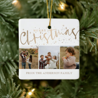 Merry Christmas Faux Gold 3 Photo Christmas Ceramic Ornament