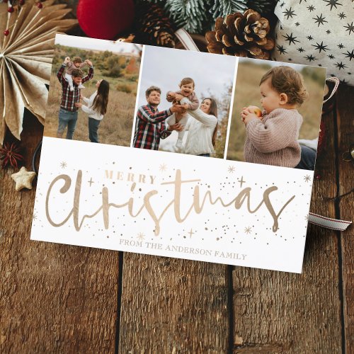 Merry Christmas Faux Gold 3 Photo Christmas  Postcard