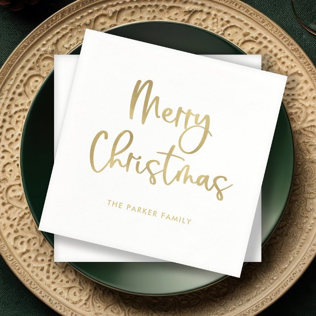 Merry Christmas | Faux Gold Casual Script Napkins (Elegant Christmas napkins with faux gold script on white)