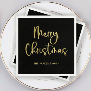 Merry Christmas Faux Gold Casual Script on Black Napkins