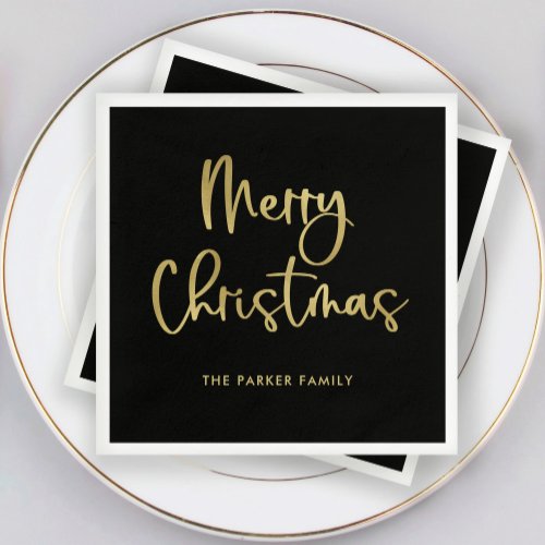 Merry Christmas  Faux Gold Casual Script on Black Napkins