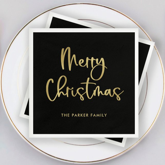 Merry Christmas | Faux Gold Casual Script on Black Napkins (Elegant Christmas napkins with faux gold script on black)