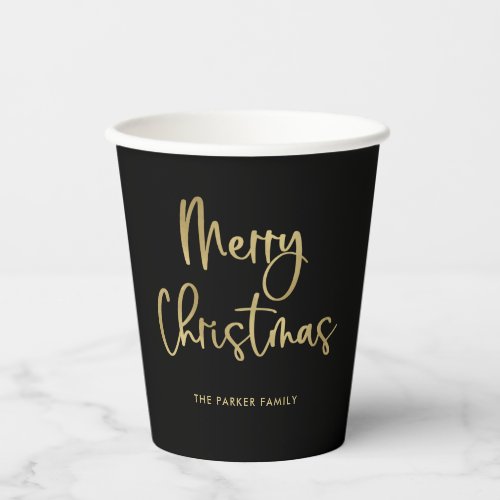 Merry Christmas  Faux Gold Casual Script on Black Paper Cups
